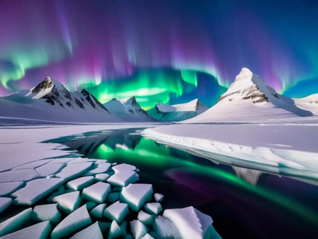 Magia de los paisajes polares: Aurora boreal en el cielo ártico, iluminando montañas nevadas y paisaje helado con luces vibrantes y místicas