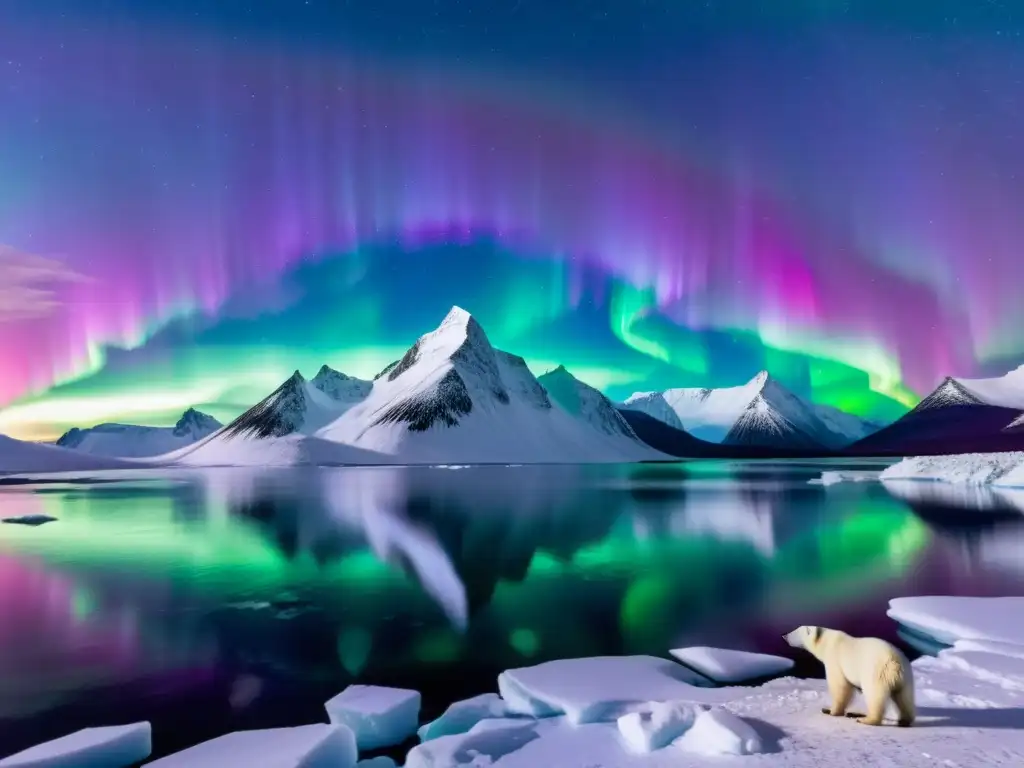 Magia de los paisajes polares: Majestuoso paisaje helado con auroras boreales, montañas nevadas y un solitario oso polar