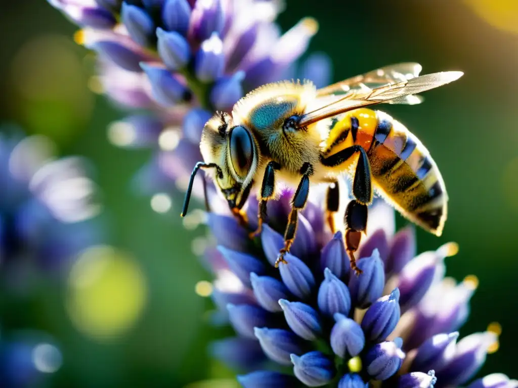 Interacción mágica: abeja cubierta de polen sobre lavanda en un prado mediterráneo, con alas vibrantes y paisaje de fondo