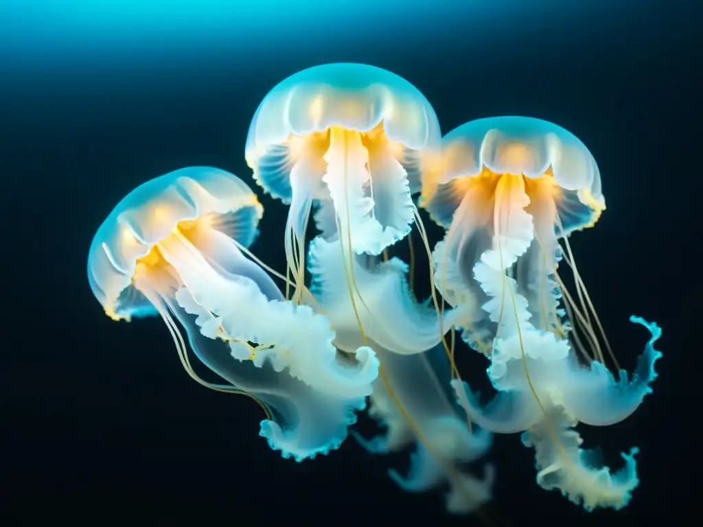 Un mágico grupo de medusas bioluminiscentes brilla en las frías y oscuras aguas del mar profundo, demostrando la adaptación vida aguas frías oscuras