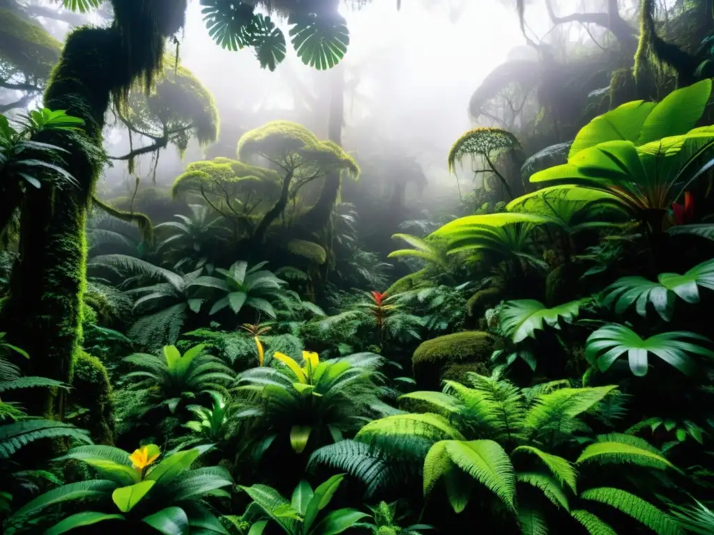 Un mágico bosque nublado con una exuberante vegetación, vida silvestre y una atmósfera serena