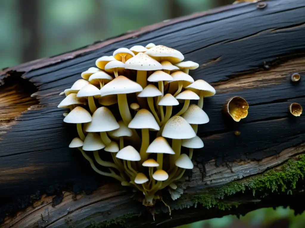 Un mágico paisaje de hongos blancos y marrones en descomposición, destacando el papel de los hongos en descomposición en un bosque húmedo y oscuro