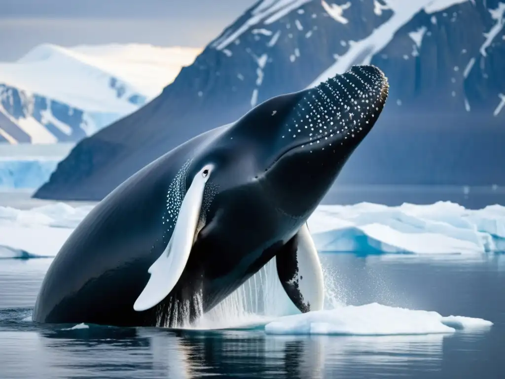 Majestuosa migración anual de ballenas en el Ártico, con una ballena boreal deslizándose graciosamente entre aguas heladas y montañas nevadas