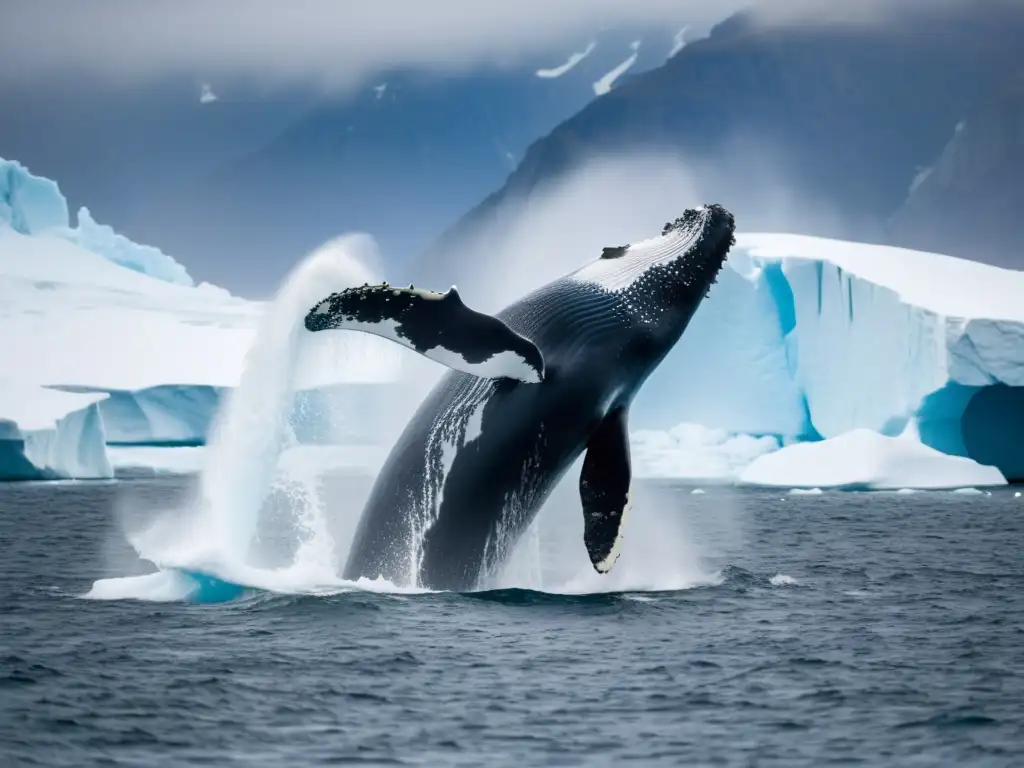 Una majestuosa ballena jorobada irrumpe en las gélidas aguas antárticas, rodeada de orcas, focas y glaciares