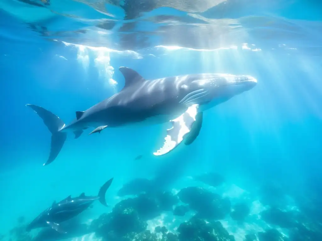 Una majestuosa pod de ballenas jorobadas nada entre aguas turquesa, rodeadas de peces iridiscentes y un arrecife de coral rebosante de vida marina