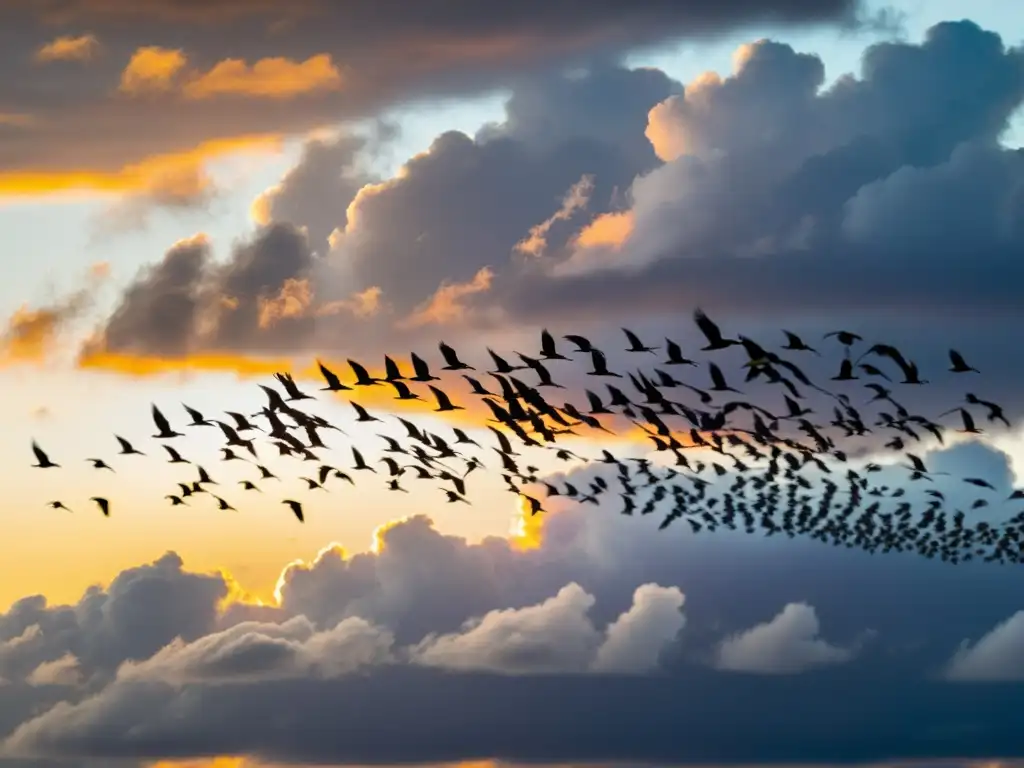 Una majestuosa bandada de aves migratorias en pleno vuelo, destacando la conservación aves migratorias ecosistemas internacionales