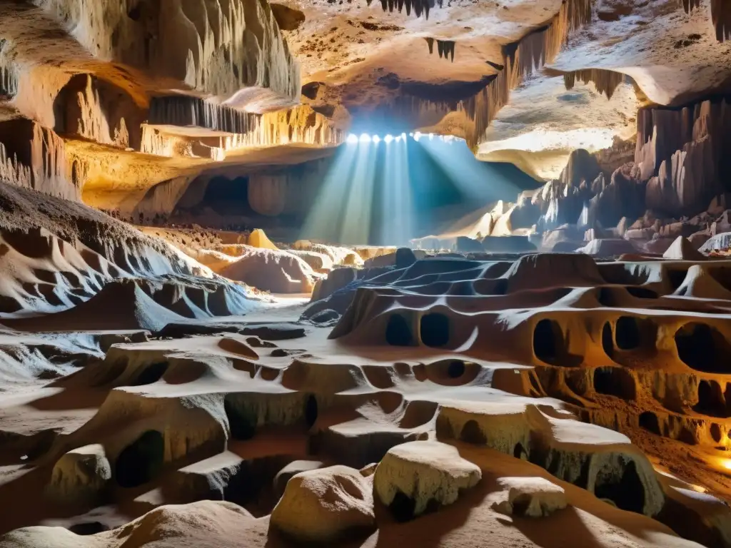 Exploración subterránea: majestuosa caverna iluminada por luz cálida, estalactitas y estalagmitas, biodiversidad en las paredes