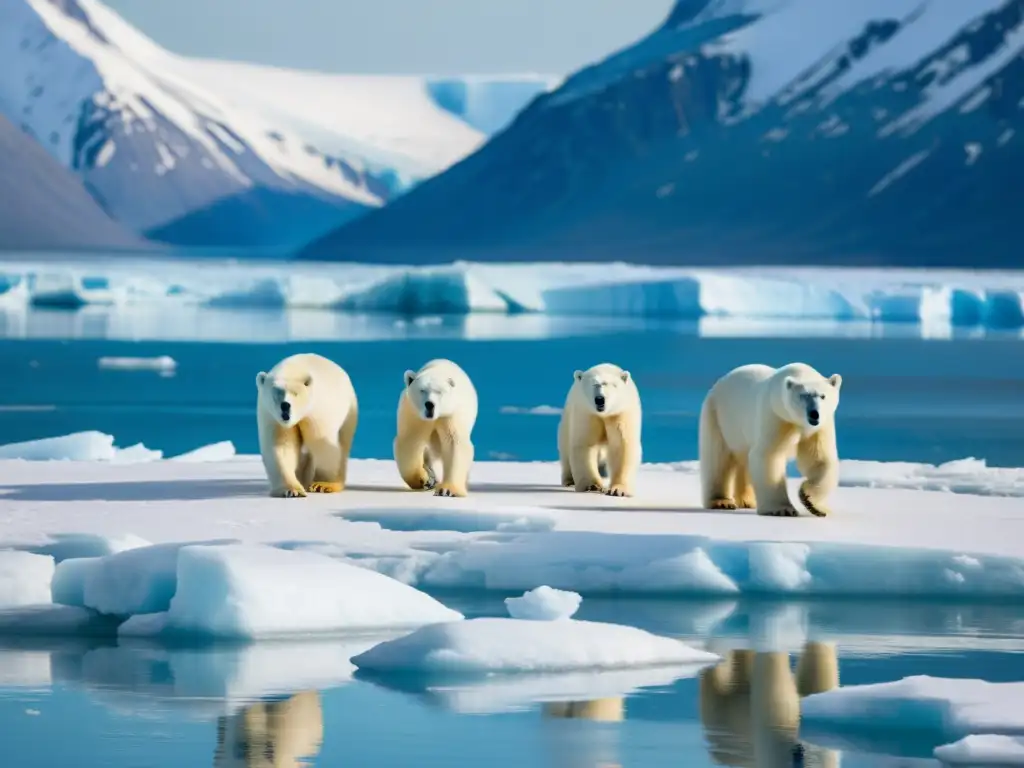 Una majestuosa escena de osos polares sobre hielo, con un oso mirando a la cámara, mostrando la belleza austera de los ecosistemas polares