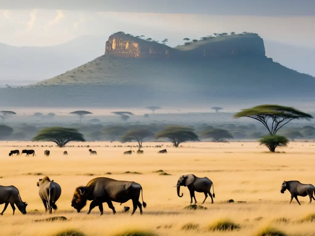 Una majestuosa escena de la sabana africana con cadenas tróficas en la sabana, donde conviven leones, ñus y jirafas bajo el cálido sol