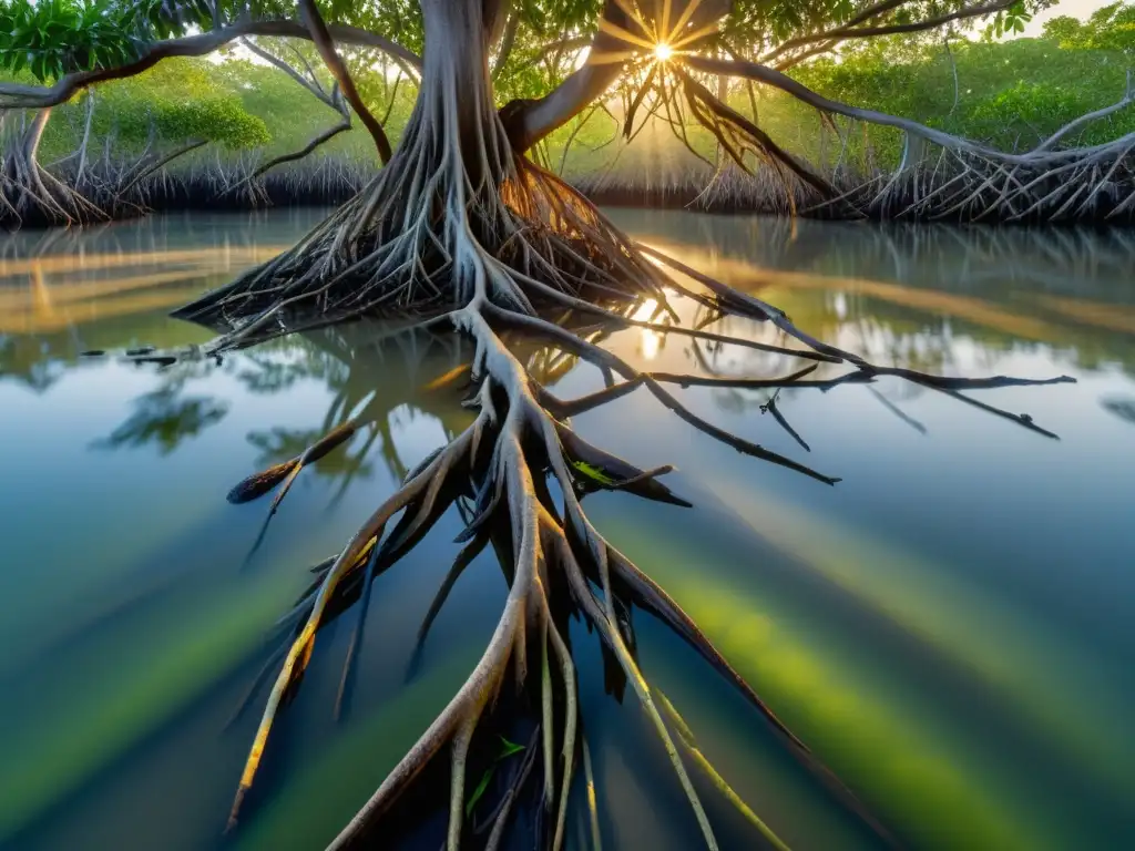 Majestuosa composición fotográfica en humedales: manglar al amanecer, con luz dorada filtrándose entre las raíces y reflejándose en el agua