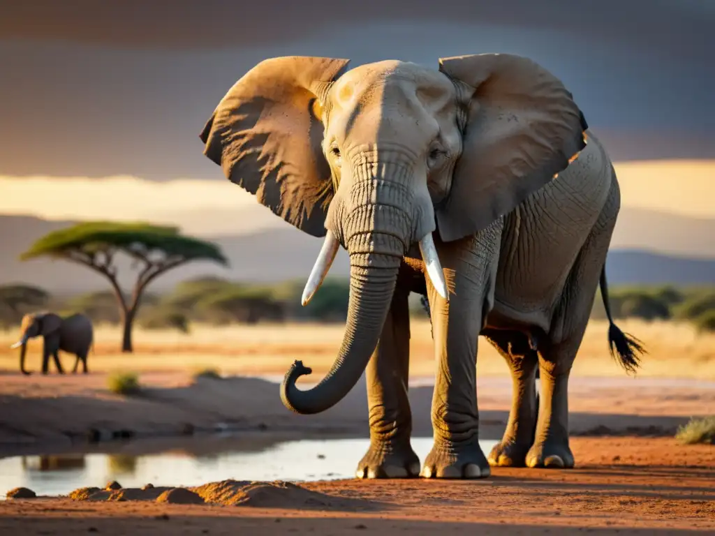 Una majestuosa imagen de un elefante africano en su hábitat natural al atardecer