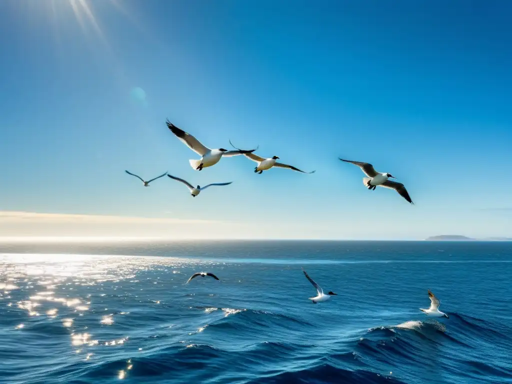 Una majestuosa imagen del vasto océano con aves marinas en su hábitat, exudando tranquilidad y belleza en el ecosistema oceánico