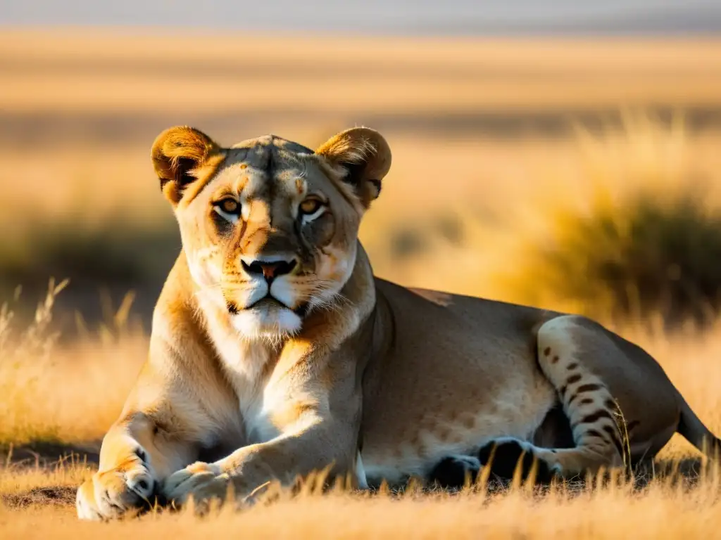 Una majestuosa leona descansa en la dorada hierba de la sabana africana, su mirada fija en el horizonte mientras el cálido sol resalta su perfil real