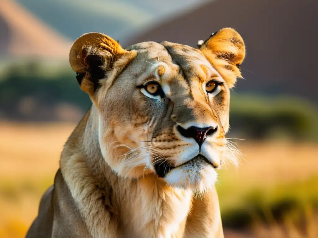 Una majestuosa leona observa intensamente el horizonte en la cálida sabana africana, rodeada de tonos terrosos