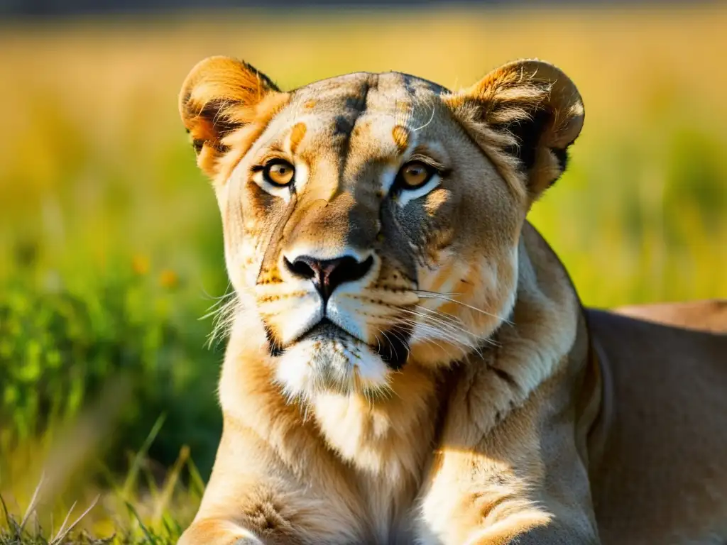 Una majestuosa leona descansa en la sabana africana, su melena dorada brilla bajo el cálido sol