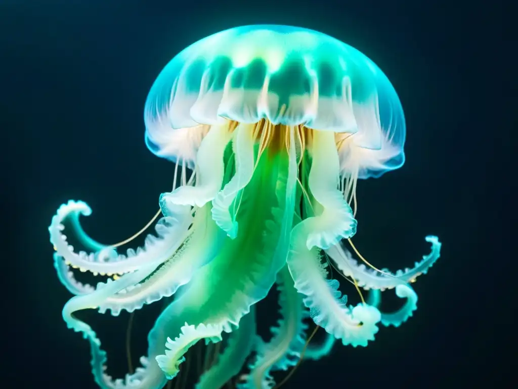 Una majestuosa medusa bioluminiscente flota en las profundidades del océano, iluminando su entorno con un suave resplandor azulverdoso