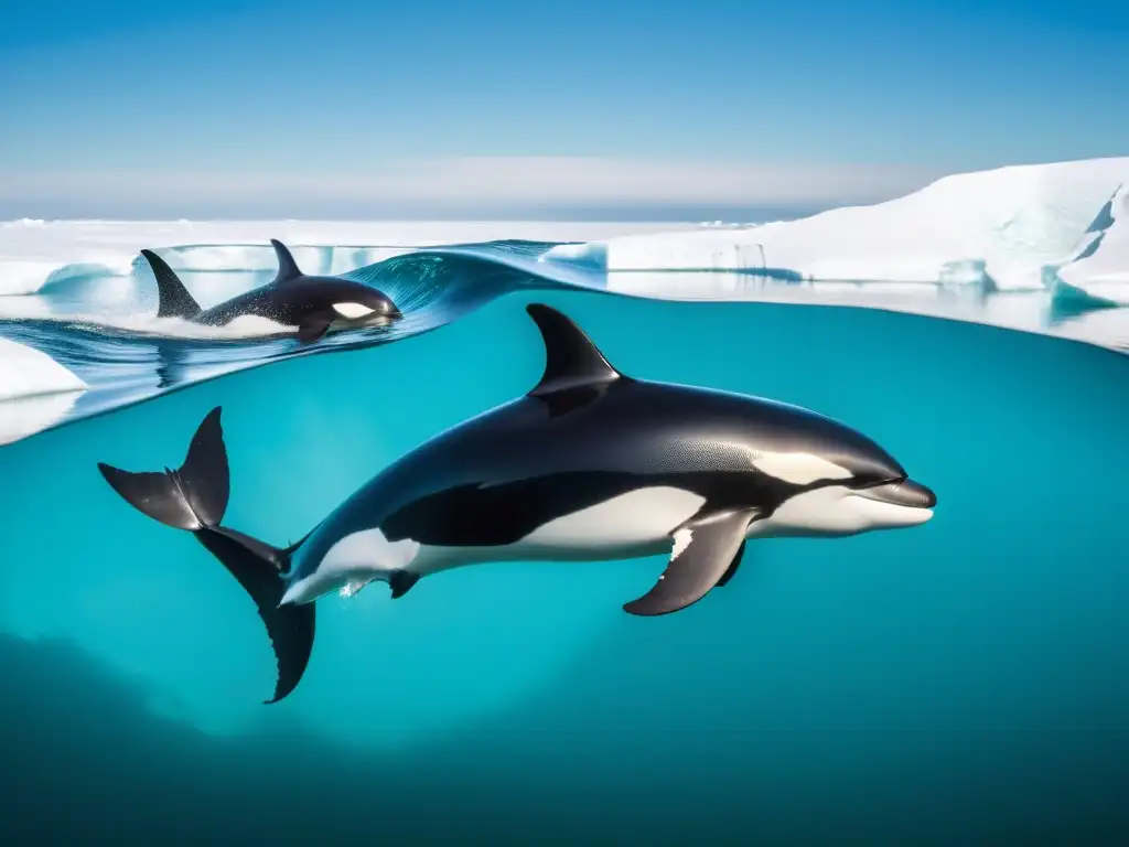 Una majestuosa pod de orcas deslizándose elegante y poderosamente a través de las aguas heladas del Ártico