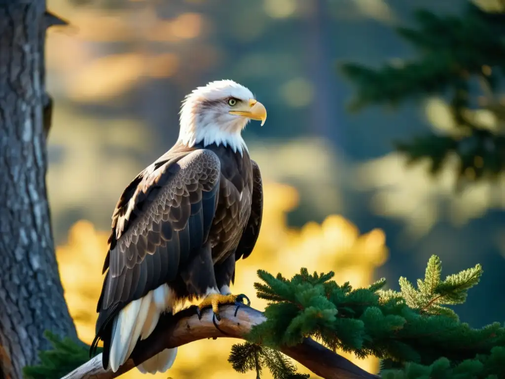 Un águila calva majestuosa posada en una rama, con sus ojos penetrantes y sus alas desplegadas