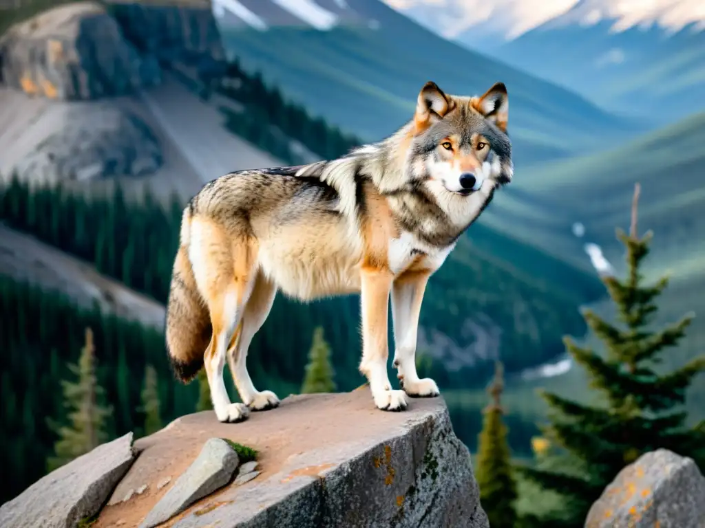 La majestuosa presencia de un lobo solitario en un acantilado, reflejando la importancia de grandes carnívoros en los ecosistemas salvajes