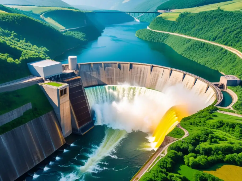 Una majestuosa represa hidroeléctrica en un valle exuberante, generando energía