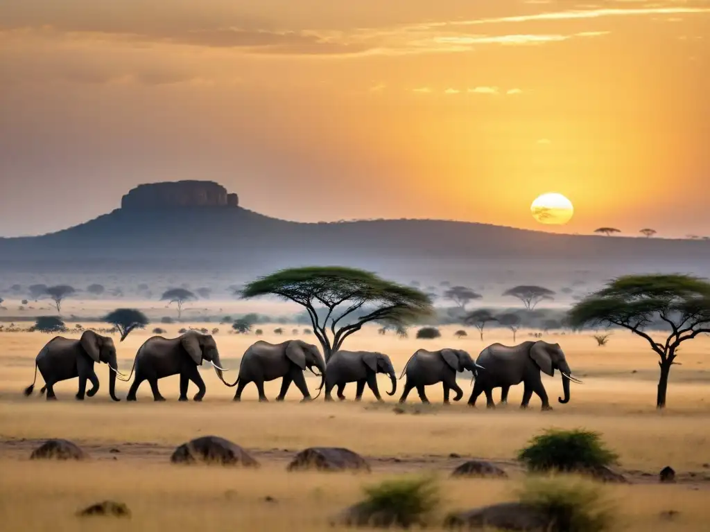 Una majestuosa sabana africana con elefantes en el horizonte, bañada por la cálida luz del atardecer