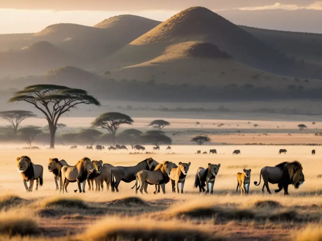 Una majestuosa sabana al atardecer con wildebeests pastando y leones descansando en la distancia