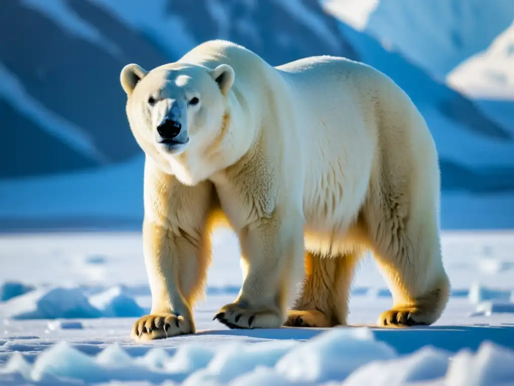 Una majestuosa fotografía de vida salvaje ártica: un oso polar en el hielo con montañas nevadas al fondo, capturando la belleza del Ártico