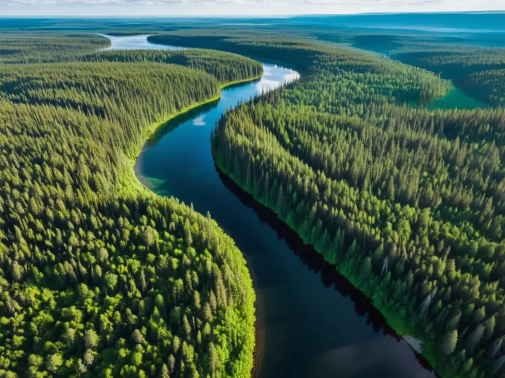 La majestuosidad de la Taiga con sus recursos naturales se muestra en esta impresionante vista aérea del bosque verde de coníferas y el río sereno