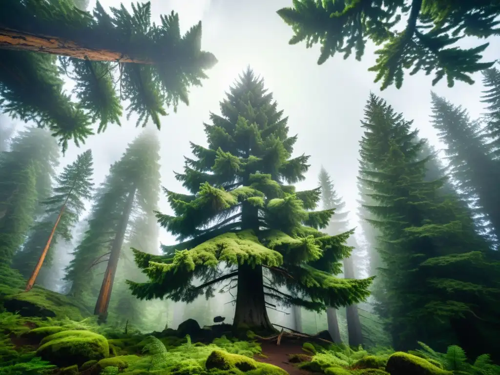 Un majestuoso abeto de las Montañas Rocosas, cubierto de musgo verde intenso, se alza hacia el cielo en un denso bosque de niebla