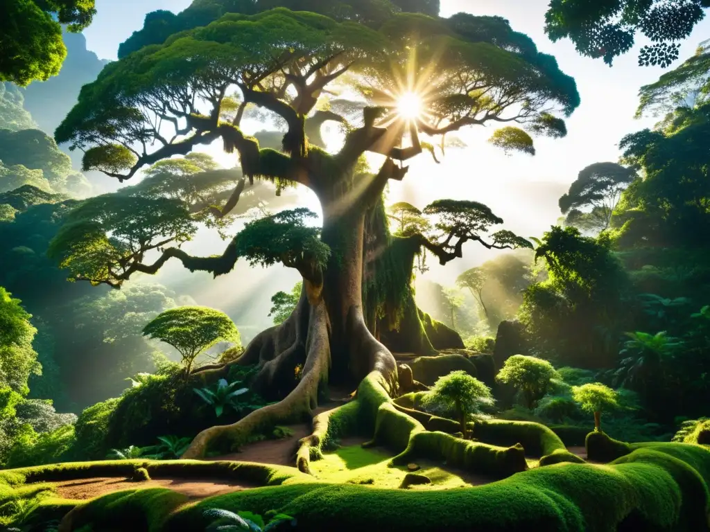 Un majestuoso árbol gigante se alza en una exuberante selva tropical, hogar de una diversa vida silvestre