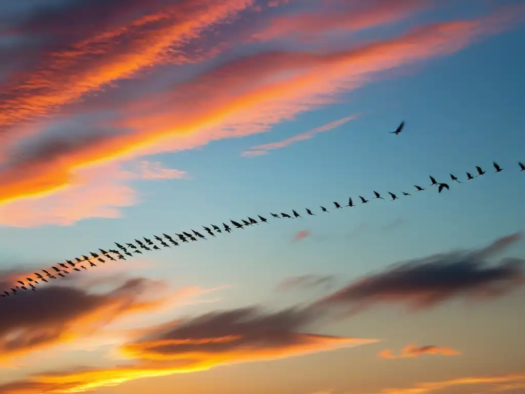 Un majestuoso atardecer en el que una bandada de aves migratorias vuela en patrones intrincados