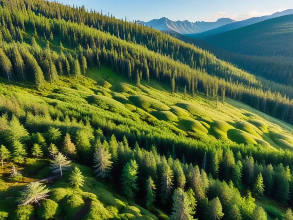 Un majestuoso bosque taiga, con árboles altos, musgo y helechos, bañado por luz dorada