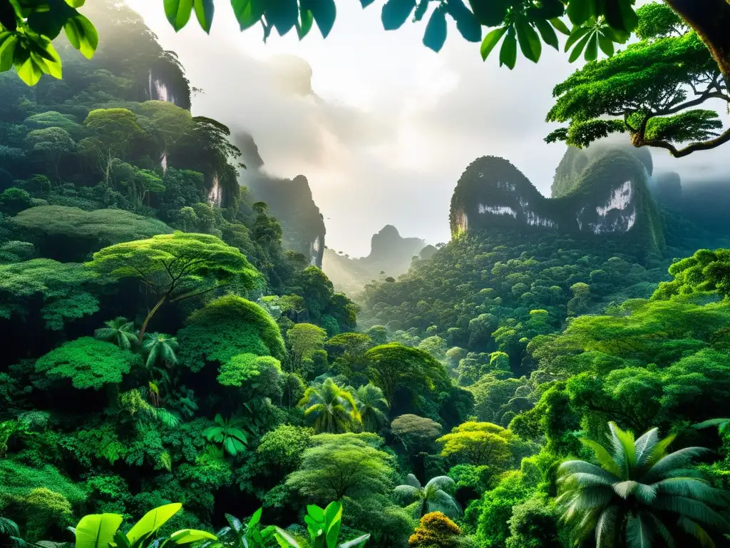 Un majestuoso bosque lluvioso, con exuberante vegetación, vida silvestre diversa y una sensación de asombro por la naturaleza