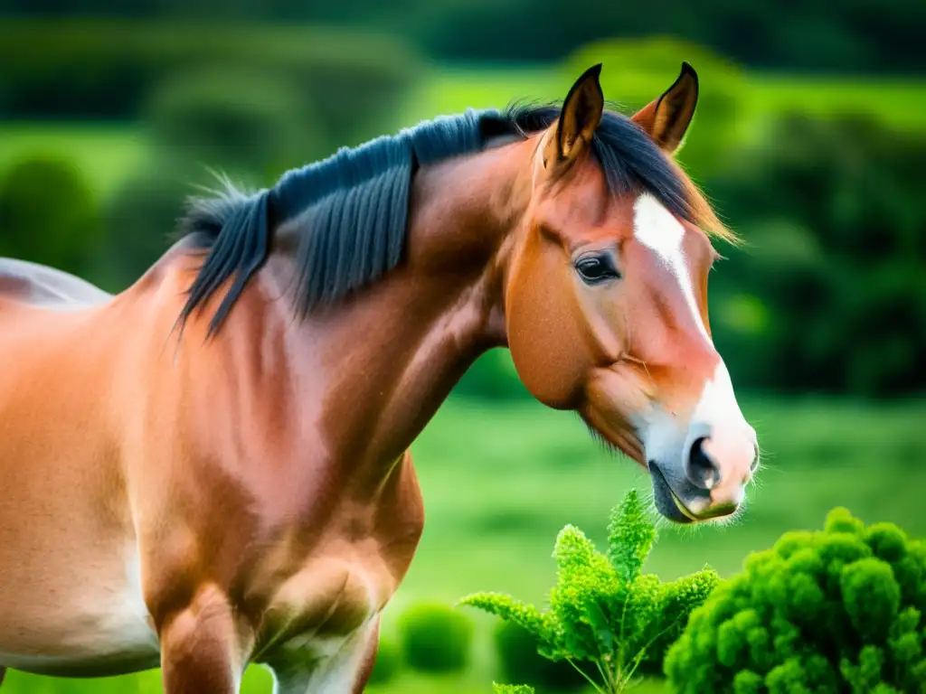 Un majestuoso caballo menorquín se destaca en un prado verde exuberante, mostrando su elegancia y fuerza, en armonía con la flora endémica