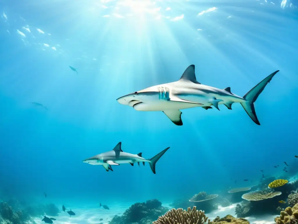 Un majestuoso cardumen de elegantes tiburones martillo plateados surcando las aguas cristalinas, con una vibrante vida marina de fondo