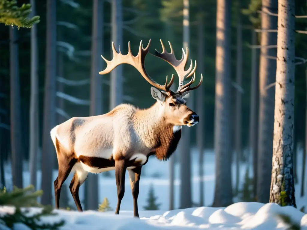 Un majestuoso caribú con grandes astas en un bosque nevado de la taiga, irradiando fuerza y resiliencia