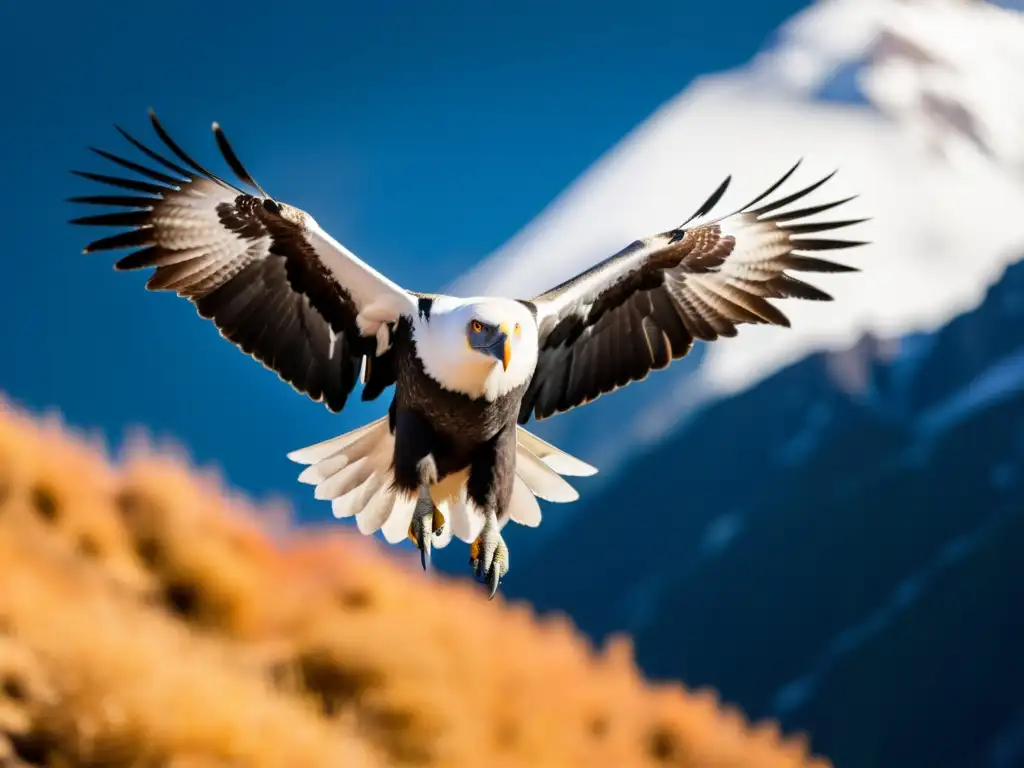 Un majestuoso cóndor andino planea sobre las cumbres nevadas de los Andes, destacando las adaptaciones de especies en montañas andinas