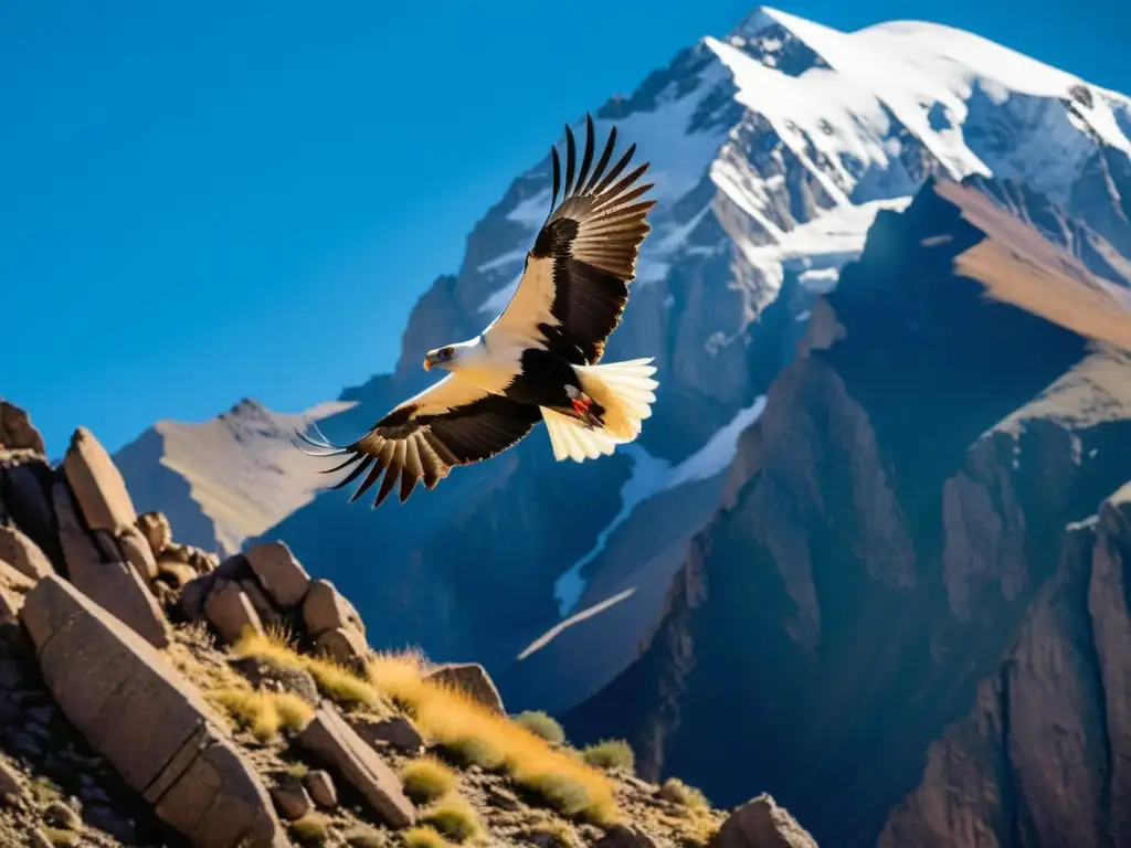 Un majestuoso cóndor andino sobrevolando los picos nevados, demostrando sus adaptaciones animales a baja presión en la alta montaña