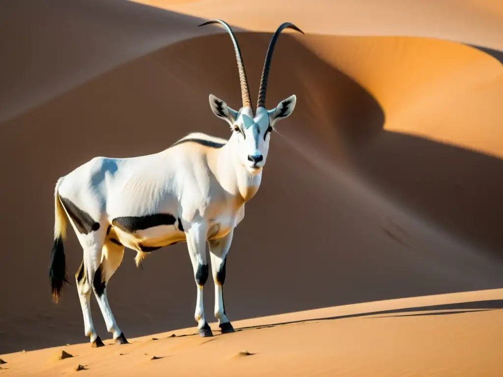 Un majestuoso oryx árabe destaca en el desierto dorado, vida silvestre en los Emiratos Árabes, con su elegante pelaje blanco brillando bajo el sol