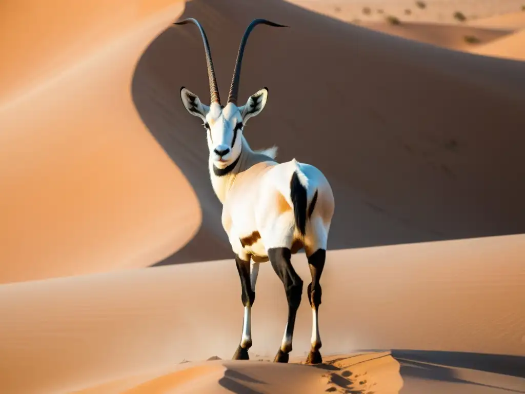 Un majestuoso oryx árabe destaca en el desierto de los Emiratos Árabes, con vida silvestre en los Emiratos Árabes