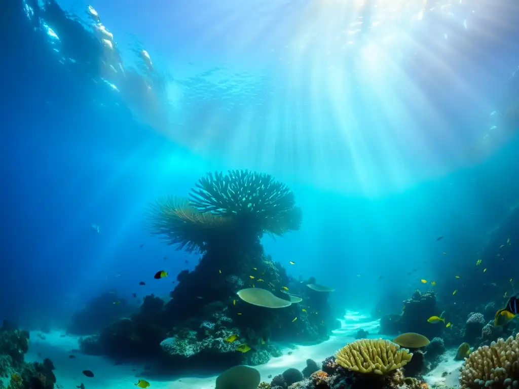 Un majestuoso ecosistema de montañas submarinas océanos, con vida marina colorida, corales y bosques de algas, iluminado por la luz solar