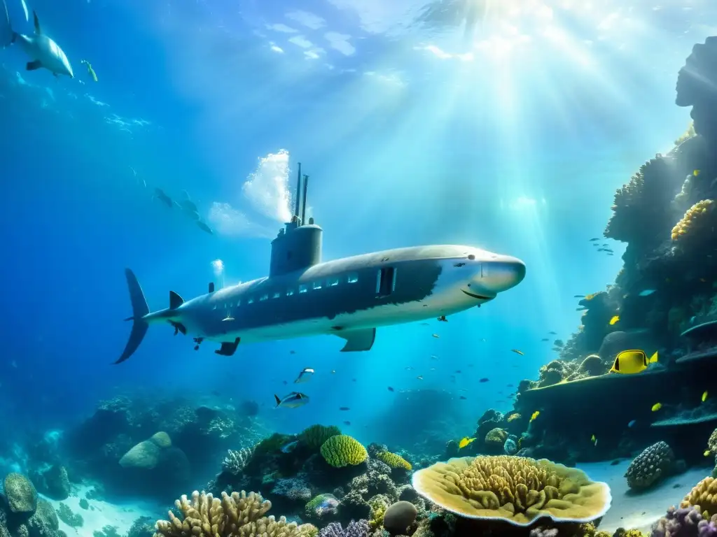 Un majestuoso ecosistema de montaña submarina en océanos, con coloridos corales y vida marina diversa bajo la luz del sol