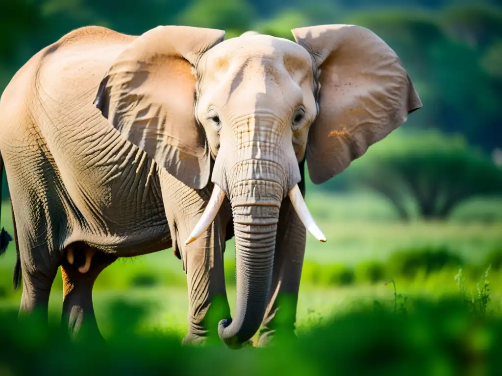 Un majestuoso elefante en la sabana, con su trompa alzada y orejas desplegadas