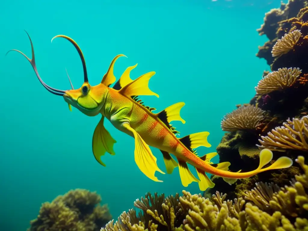 Majestuoso seadragon mimetizándose con la exuberante flora submarina