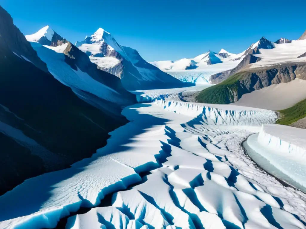 Un majestuoso glaciar en primer plano, resplandeciendo bajo la luz del sol, con montañas nevadas al fondo