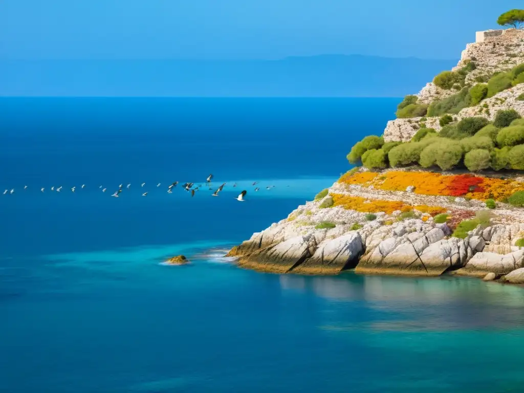 Un majestuoso grupo de aves endémicas del Mediterráneo posadas en los acantilados junto al mar