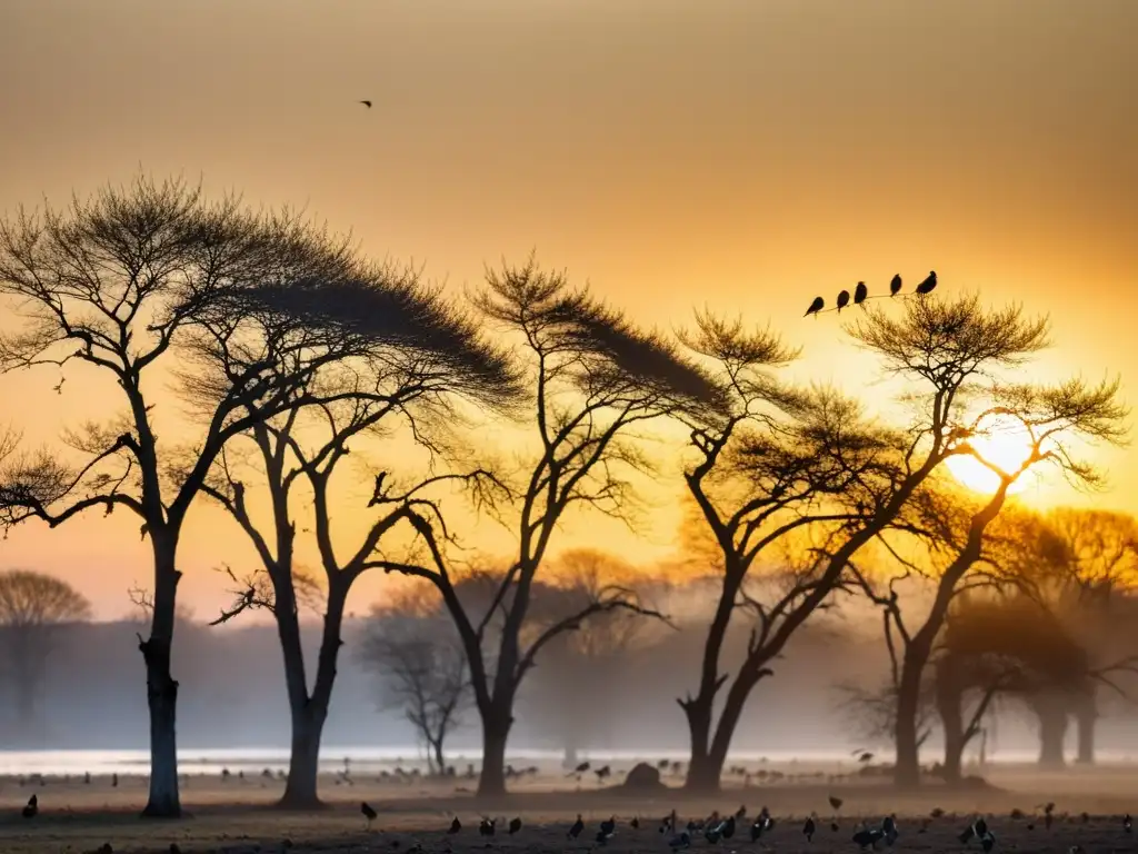 Un majestuoso grupo de aves migratorias descansa en un árbol al amanecer, dispersando semillas