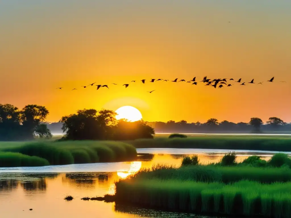 Un majestuoso grupo de aves migratorias vuela sobre un exuberante humedal al atardecer, reflejando la restauración ecológica hábitats aves migratorias