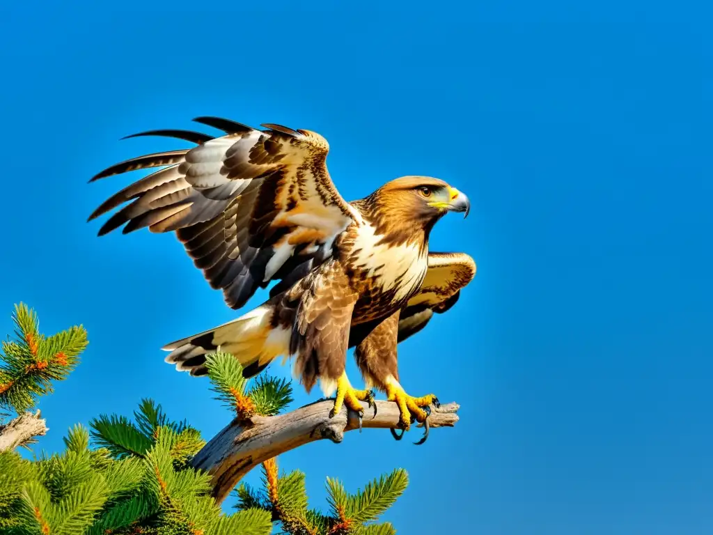 Un majestuoso águila imperial ibérica en su hábitat natural, con sus alas desplegadas, observando el horizonte