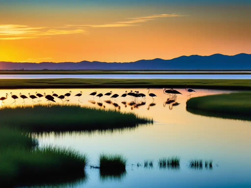 Un majestuoso humedal salino al atardecer, con adaptaciones de la vida en humedales salinos, reflejando colores cálidos y naturaleza viva